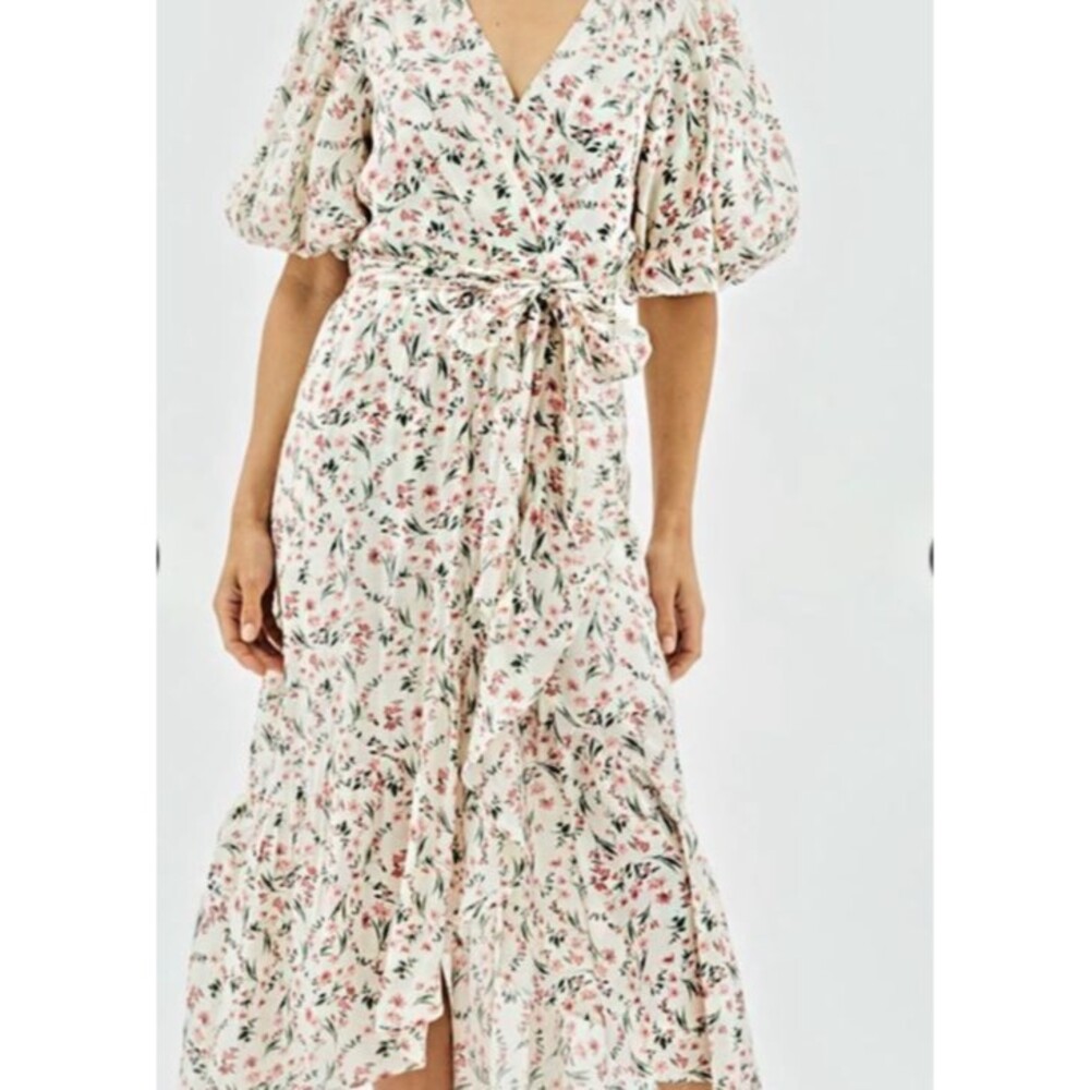 NWT Minkpink Women's Pink Floral Dress Sz L Balloon Sleeves Tie Belt Cottagecore - Picture 6 of 14